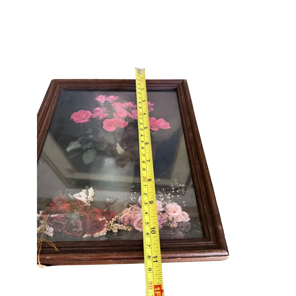 Vintage Framed Pink Rose Floral Still Life Dark Wood Frame 8x10 Cottagecore